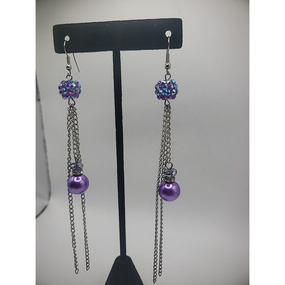 Vintage Earrings Pierced Hook Drop Dangle Beaded Purple Silver Tone Chains - Picture 5 of 10